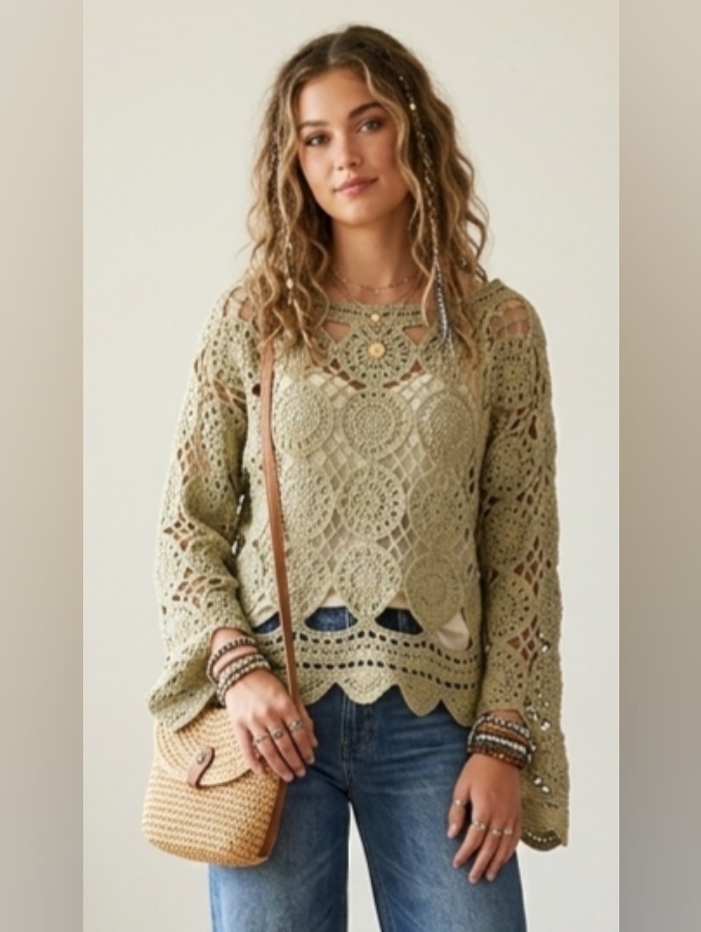 Boho Crochet Lace Sweater Open Knit Bell Sleeve Hippie Cute Festival Coastal Top